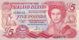 Falkland Islands, 5 Pounds, 1983, UNC, p12a
Queen Elizabeth II. Potrait
Serial Number: A188103
Estimate: 50-100