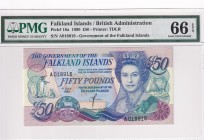 Falkland Islands, 50 Pounds, 1990, UNC, p16a
PMG 66 EPQ
Queen Elizabeth II. Potrait
Serial Number: A 018916
Estimate: 175-350