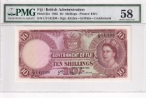 Fiji, 10 Shillings, 1965, AUNC, p52e
PMG 58
Queen Elizabeth II. Potrait
Serial Number: C/9 142199
Estimate: 450-900