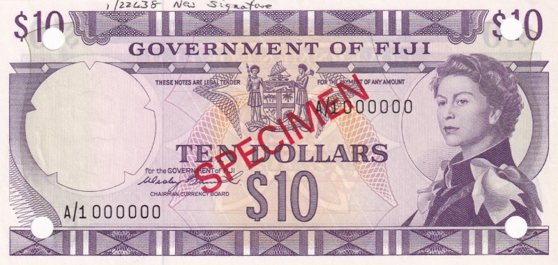 Fiji, 10 Dollars, 1971, UNC, p68s, SPECIMEN
Queen Elizabeth II. Potrait
Serial...