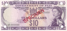 Fiji, 10 Dollars, 1971, UNC, p68s, SPECIMEN
Queen Elizabeth II. Potrait
Serial Number: A/1 000000
Estimate: 900-1800
