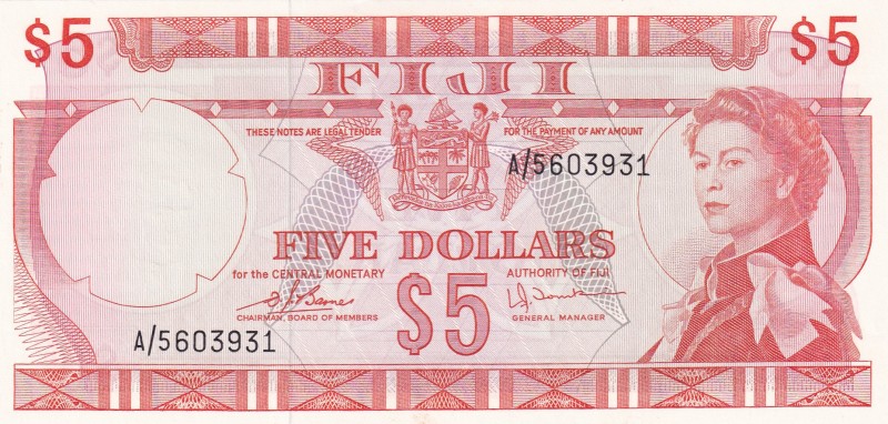 Fiji, 5 Dollars, 1974, UNC, p73c
Queen Elizabeth II. Potrait
Serial Number: A/...