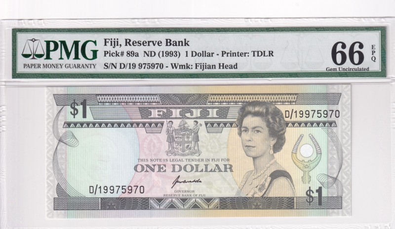 Fiji, 1 Dollar, 1993, UNC, p89a
PMG 66 EPQ . Queen Elizabeth II portrait
Seria...