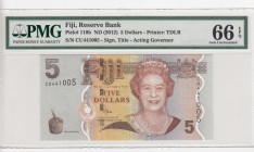 Fiji, 5 Dollars, 2012, UNC, p110b
PMG 66 EPQ, Queen Elizabeth II. Potrait
Serial Number: CU441005
Estimate: 30-60
