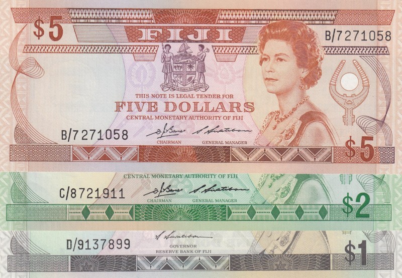 Fiji, 1-2-5 Dollars, 1983/1988, UNC, p86; p82; p83, (Total 3 banknotes)
Queen E...