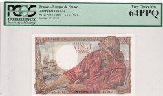 France, 20 Francs, 1943, UNC, p100a
PCGS 64 PPQ
Serial Number: G.103 52104
Estimate: 75-150