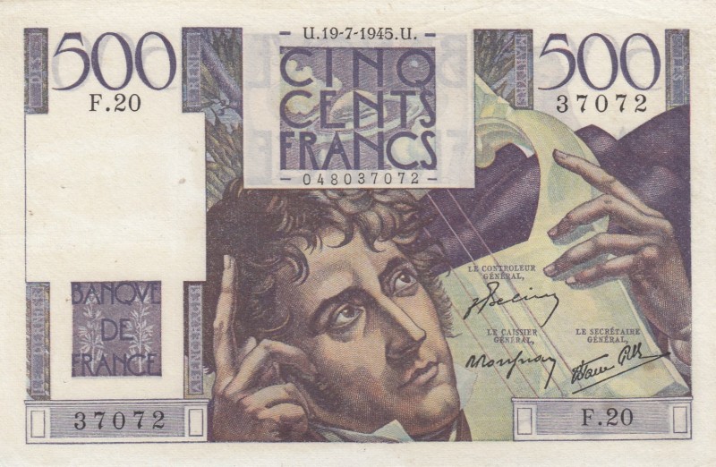 France, 500 Francs, 1945, VF(+), p129a
Serial Number: F.20 37072
Estimate: 50-...