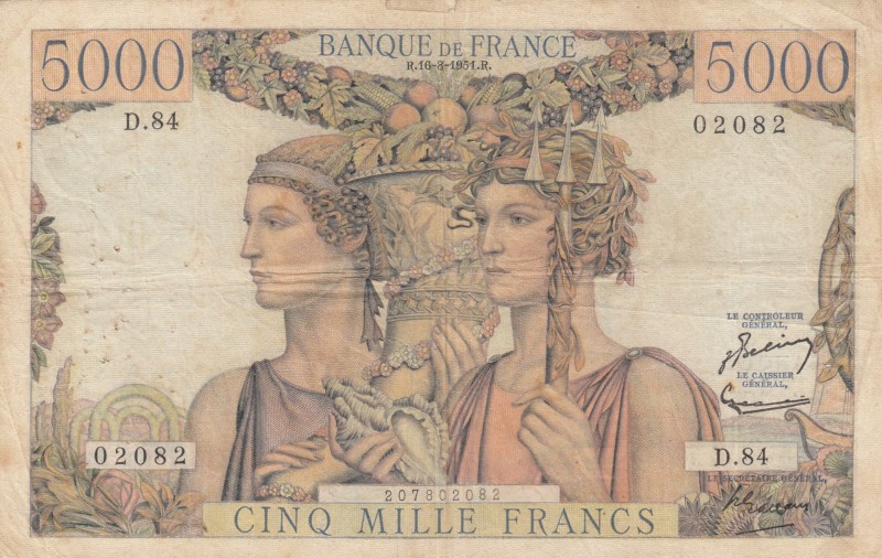 France, 5.000 Francs, 1951, FINE, p131c
Serial Number: D.84 02082
Estimate: 50...