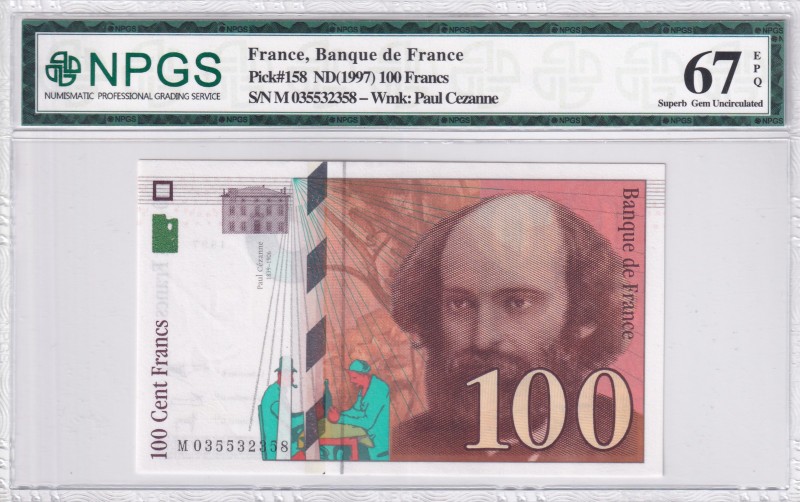 France, 100 Francs, 1997, UNC, p158
NPGS 67 EPQ
Serial Number: 035532358
Esti...