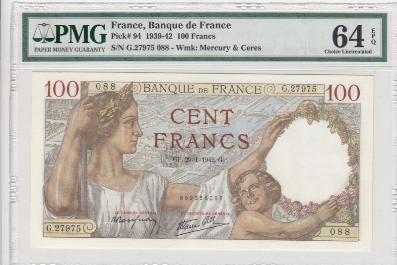 France, 100 Francs, 1942, UNC, p94
PMG 64 EPQ
Serial Number: G.27975 088
Esti...