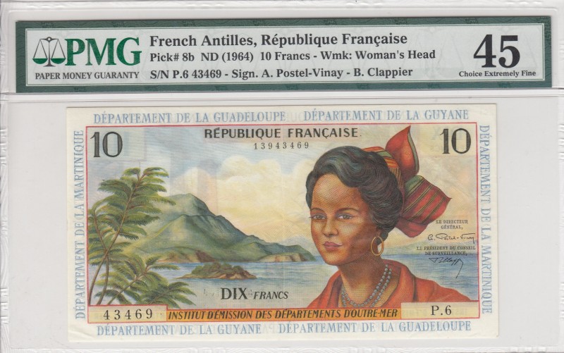 French Antilles, 10 Francs, 1964, XF, p8b
PMG 45
Serial Number: P.6 43469
Est...