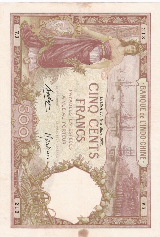 French Somaliland, 500 Francs, 1938, XF, p9b
Serial Number: V.3 213
Estimate: ...