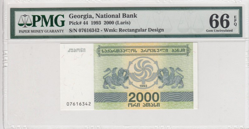 Georgia, 2.000 Laris, 1993, UNC, p44
PMG 66 EPQ
Serial Number: 07616342
Estim...