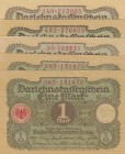 Germany, 1 Mark, 1920, p58, (Total 5 banknotes)
1 Mark, UNC(-); 1 Mark(4), UNC
Estimate: 10-20