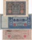Germany, 100-100-1.000 Mark, (Total 3 banknotes)
100 Mark, 1920, VF(-), p69b;100 Mark, 1910, VF p42, Orta alt kısımda yırtık vardır; 1.000 Mark, 1910...