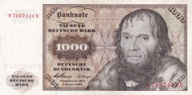 Germany - Federal Republic, 1.000 Deutsche Mark, 1960, XF, p24a
Serial Number: W7887444B
Estimate: 1250-2500