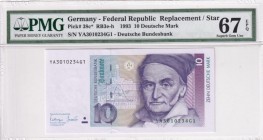 Germany - Federal Republic, 10 Deutsche Mark, 1993, UNC, p38c, REPLACEMENT
PMG 67 EPQ
Serial Number: YA3010234G1
Estimate: 75-150