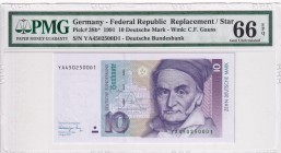 Germany - Federal Republic, 10 Mark, 1991, UNC, p38b, REPLACEMENT
PMG 66 EPQ
Star serial number
Serial Number: YA4502500DJ
Estimate: 30-60