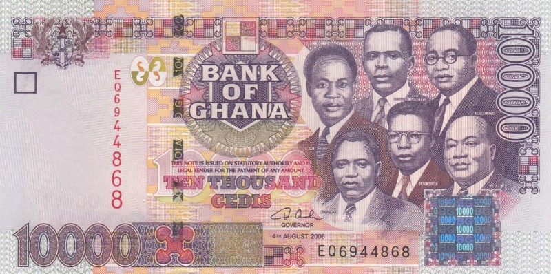 Ghana, 10.000 Cedis, 2006, UNC, p35c
Serial Number: EQ6944868
Estimate: 10-20