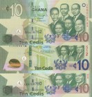 Ghana, 10 Cedis, 2013/2017/2019, UNC, p39d; p39g; p47, (Total 3 banknotes)
Serial Number: SK0216762; UQ5700780; VJ5553312
Estimate: 30-60