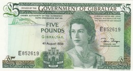 Gibraltar, 5 Pounds, 1988, UNC, p21b
Queen Elizabeth II. Potrait
There is ripple.
Serial Number: E852619
Estimate: 20-40