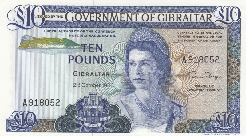 Gibraltar, 10 Pounds, 1986, UNC, p22b
Queen Elizabeth II. Potrait
Serial Numbe...