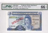 Gibraltar, 10 Pounds, 1975, UNC, p22CS1, SPECIMEN
PMG 66 EPQ
Queen Elizabeth II. Potrait
Serial Number: 004042
Estimate: 75-150