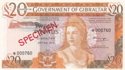 Gibraltar, 20 Pounds, 1975, UNC, p23s, SPECIMEN
Low Serial Number
Queen Elizabeth II. Potrait
Serial Number: 000760
Estimate: 225-450