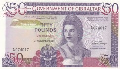 Gibraltar, 50 Pounds, 1986, UNC, p24
Queen Elizabeth II. Potrait
Serial Number: A074017
Estimate: 100-200