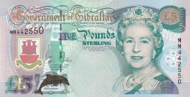 Gibraltar, 5 Dollars, 2000, UNC, p29
Commemorative banknote
Queen Elizabeth II. Potrait
Serial Number: MM442550
Estimate: 25-50