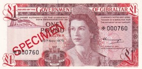 Gibraltar, 1 Pound, 1975, UNC, p20a, SPECIMEN
Low Serial Number
Queen Elizabeth II. Potrait
Serial Number: 000760
Estimate: 35-70