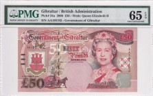 Gibraltar, 50 Pounds, 2006, UNC, p34a
PMG 65 EPQ
Queen Elizabeth II. Potrait
Serial Number: AA195162
Estimate: 225-450