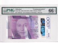 Gibraltar, 100 Pounds, 2015, UNC, p40a
PMG 66 EPQ . Queen Elizabeth II portrait
Commemorative banknote
Serial Number: C001215
Estimate: 275-550