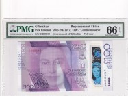 Gibraltar, 100 Pounds, 2015, UNC, p40r, REPLACEMENT
PMG 66 EPQ, Queen Elizabeth II. Potrait
Commemorative banknote, polymer
Serial Number: C250643...