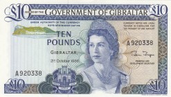 Gibraltar, 10 Pounds, 1986, UNC, p22b
Queen Elizabeth II. Potrait
Serial Number: A920338
Estimate: 60-120