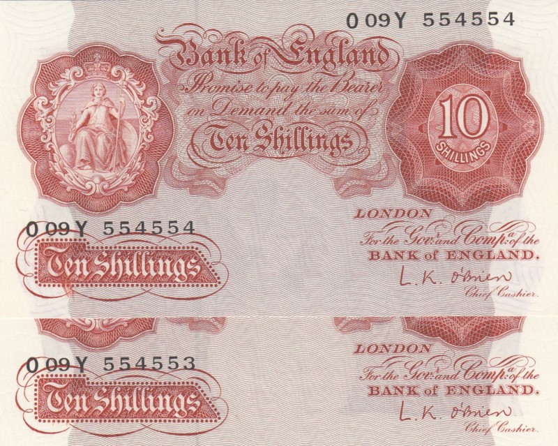 Great Britain, 10 Shillings, 1948, UNC, p368c, (Total 2 consecutive banknotes)
...