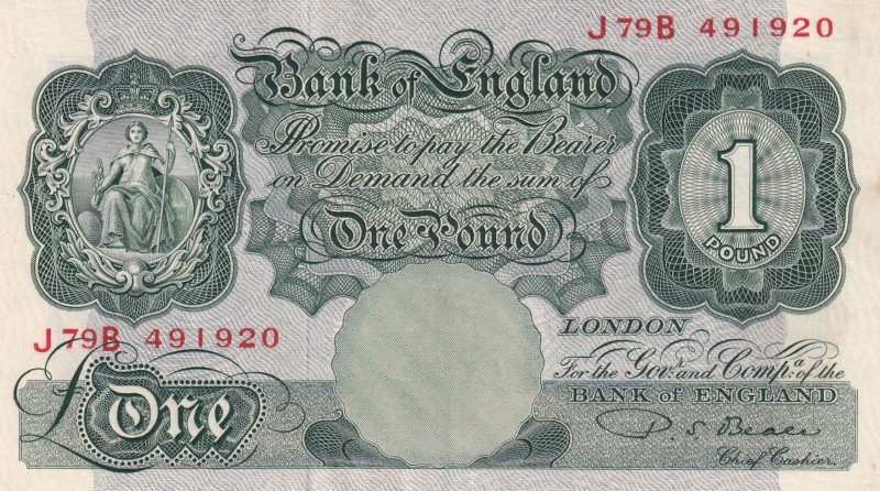 Great Britain, 1 Pound, 1949/1955, AUNC, p369b
Serial Number: J79B 491920
Esti...