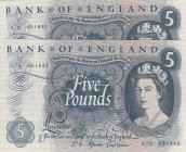 Great Britain, 5 Pounds, 1967, UNC(-), p375b, (Total 2 consecutive banknotes)
Queen Elizabeth II. Potrait
Serial Number: X78 651442-3
Estimate: 75-...