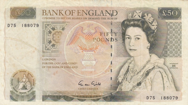 Great Britain, 50 Pounds, 1988/1991, VF, p381b
Queen Elizabeth II. Potrait
Sig...