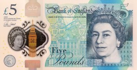 Great Britain, 5 Pounds, 2015, UNC, p394
Queen Elizabeth II portrait, Polymer plastic banknote
Serial Number: AK58 360838
Estimate: 15-30