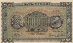 Greece, 100.000 Drachmai, 1944, VF, p125
Serial Number: IZ 190541
Estimate: 10-20