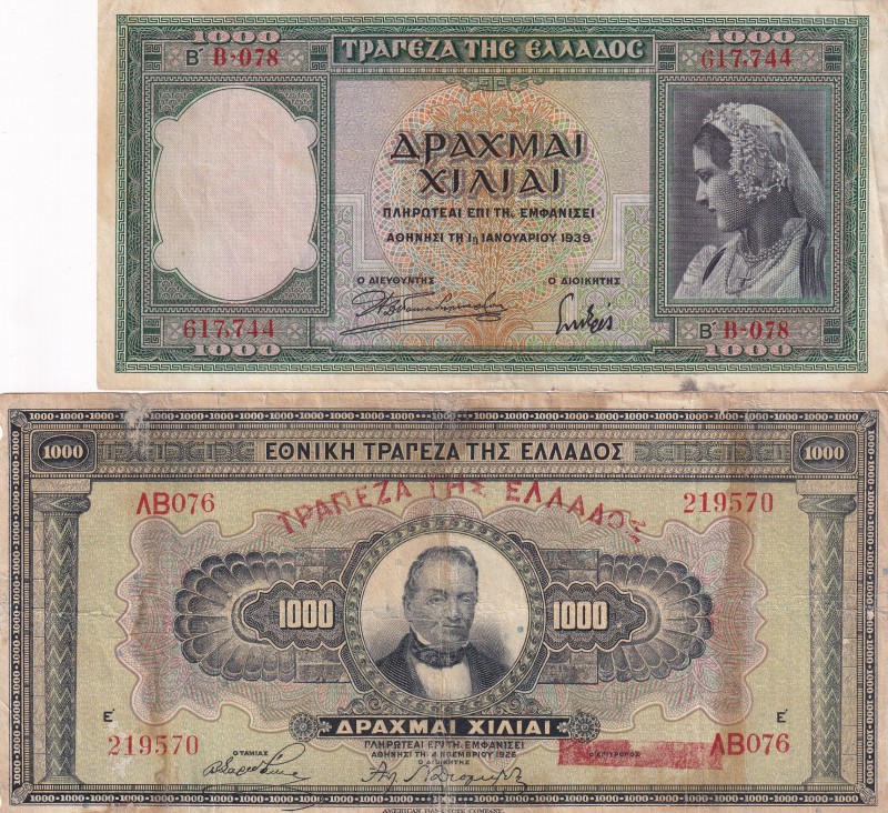 Greece, 1.000 Drachmai, (Total 2 banknotes)
1939, XF, p110a; 1926, VF, p100b
S...