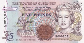 Guernsey, 5 Pound, 1996, UNC, p56
Low serial number
Queen Elizabeth II. Potrait
Serial Number: B000263
Estimate: 25-50