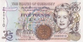 Guernsey, 5 Pounds, 1996, UNC, p56c
Queen Elizabeth II. Potrait
Serial Number: D480410
Estimate: 20-40