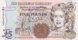Guernsey, 5 Pounds, 1996, UNC, p56c
Queen Elizabeth II. Potrait
Serial Number: C709037
Estimate: 20-40