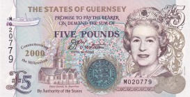 Guernsey, 5 Pounds, 2000, UNC, p60
Commemorative banknote
Queen Elizabeth II. Potrait
Serial Number: MO20779
Estimate: 40-80