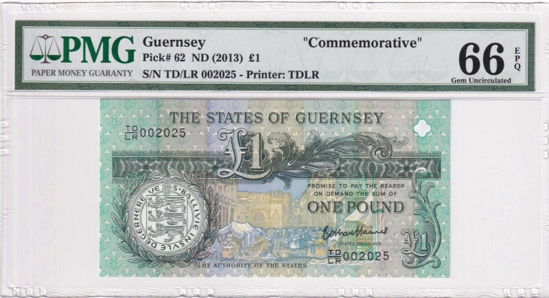 Guernsey, 1 Pound, 2013, UNC, p62
PMG 66 EPQ, Beatuful serial number
Commemora...