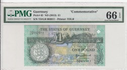 Guernsey, 1 Pound, 2013, UNC, p62
PMG 66 EPQ, Commemorative banknot
Nice serial number
Serial Number: TD/LR 002011
Estimate: 25-50