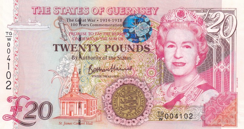 Guernsey, 20 Pounds, 2018, UNC, pNew
Queen Elizabeth II. Potrait
Serial Number...