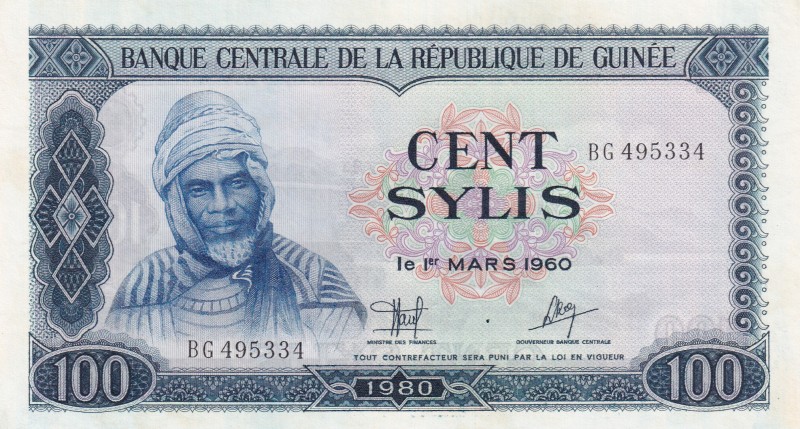 Guinea, 100 Sylis, 1960, UNC, p26a
Serial Number: BG 495334
Estimate: 10-20